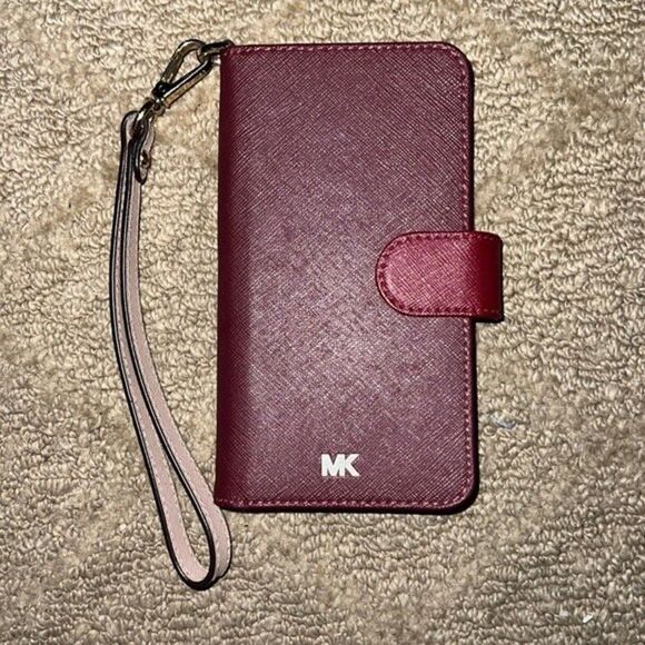 Michael Kors Saffiano Leather Folio Case for iPhone X – Burgundy – 3 Card Slots - Picture 1 of 4